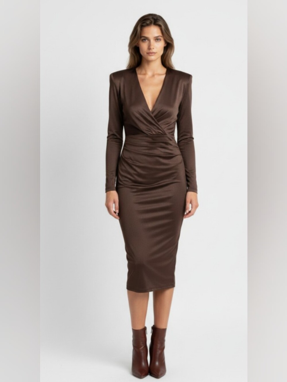 Sleek Brown Long-Sleeve Wrap Midi Dress